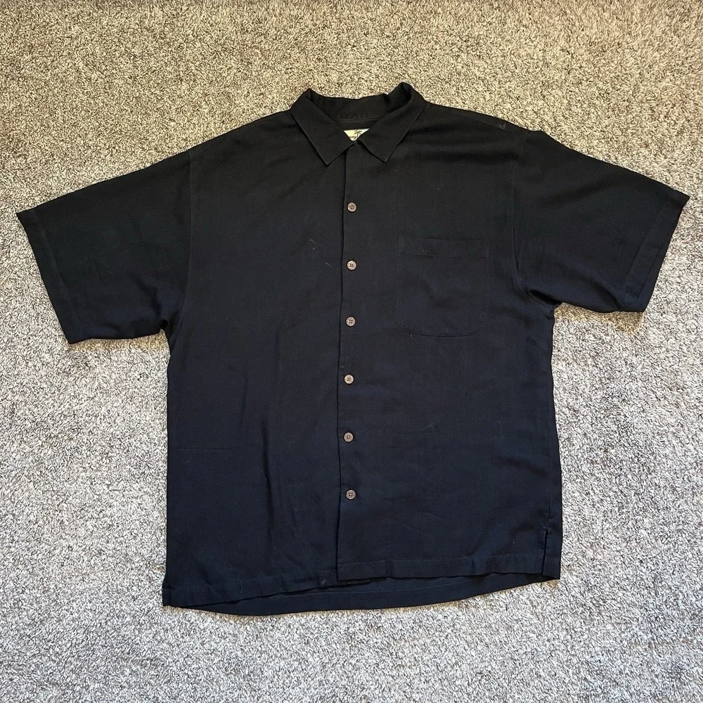 Tommy Bahama Silk Button Up Shirt Men's Large Black Golf "Birdie Watching" - Picture 1 of 10